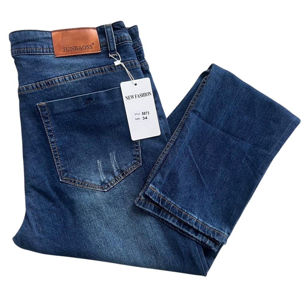 JUNBAOSS Men's Slim Fit Size 34 Medium Wash Denim Distressed Straight Jeans 5873